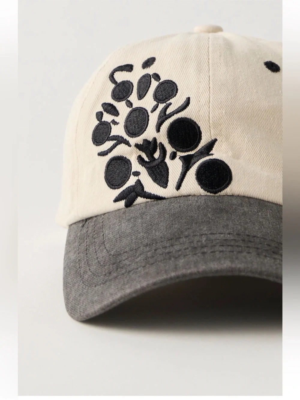 Free People Two-Tone Embroidered Floral Baseball Cap - Cream & navy and black